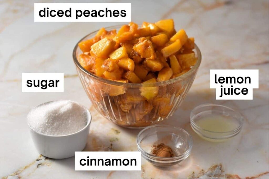 mix the diced peaches with sugar, cinnamon, and lemon juice